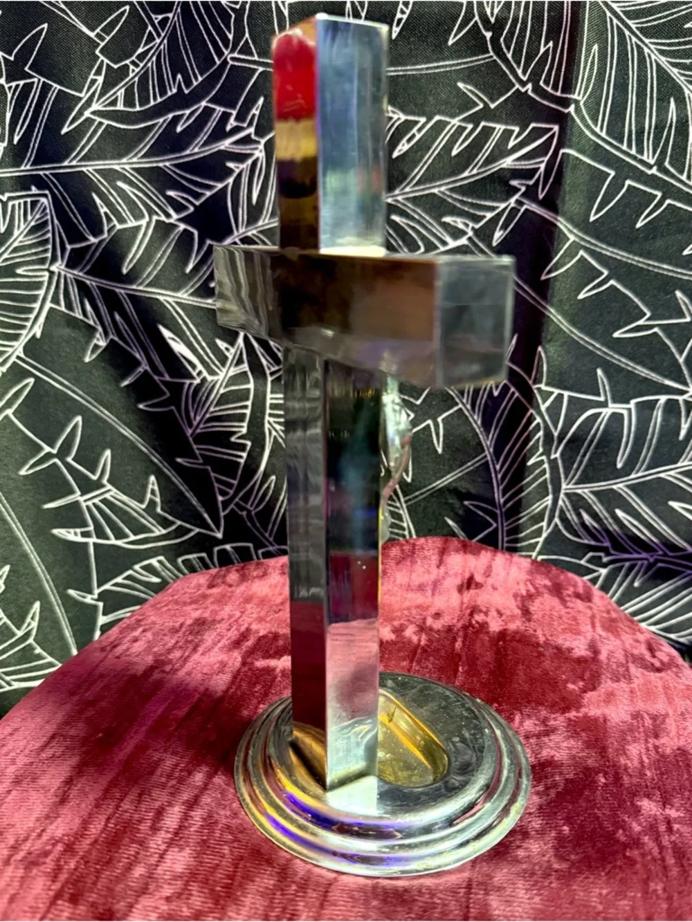 Vintage Standing Crucifix Chrome Holy Water Font Religious Decor